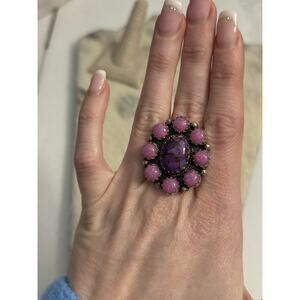 Statement Sterling Silver Pink Fire Opal Purple Mojave Flower Cluster Ring 925